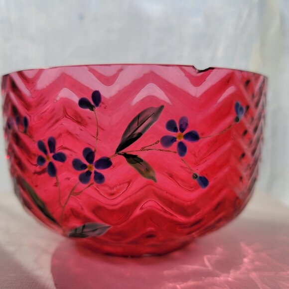 Vintage Hand-Painted Cranberry Glass Bowl Handpainted Floral Design &Chevron Pat - Picture 8 of 13